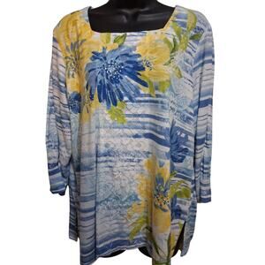 Alfred Dunner Shirt Medium Floral Lace Front Bejeweled Bright Blouse 3/4 Sleeves